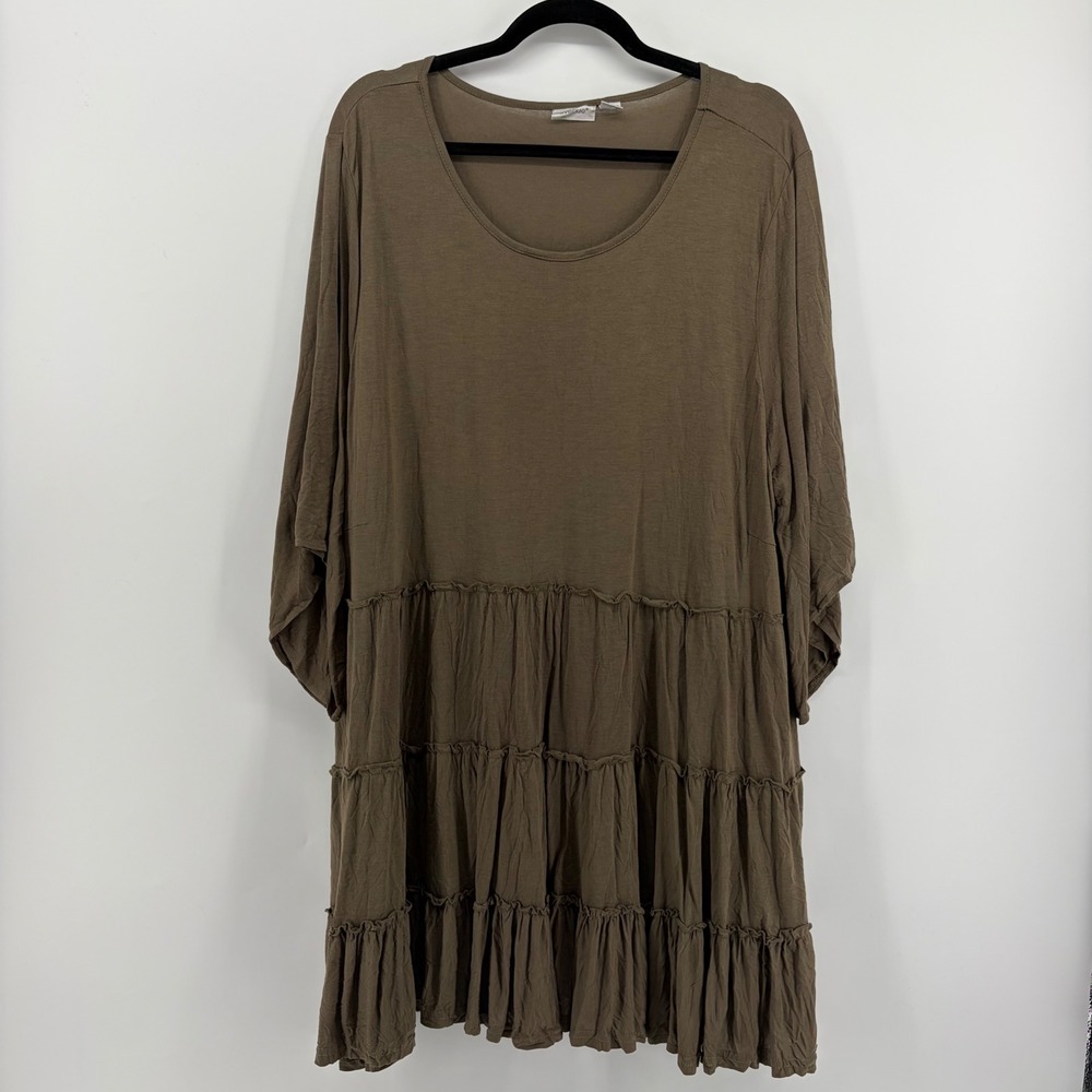 Avenue Tunic Blouse Green‎ Size 26/28 Tiered Ruffle Kimono Sleeve Scoop Neck